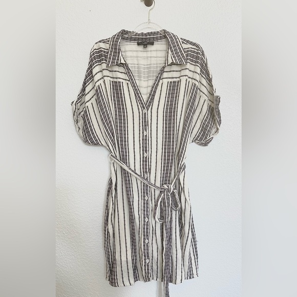 LULUS Beach Weekend Cream and Purple Striped Button-Up Shirt Dress Belted Lined - Picture 7 of 15